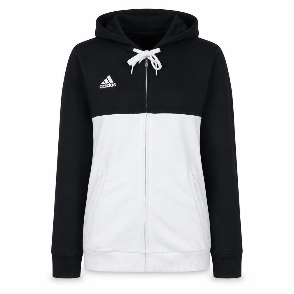 Front view of Adidas women’s black & white full zip hoodie, size M, 12-14 hooded sweatshirt