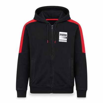 Front view of Puma Men's Black Full Zip Hoodie, size S, Sportswear Logo Fleece
