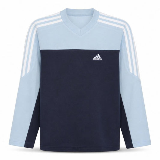 Front view of Adidas boys’ blue colourblock v-neck pullover sweatshirt, size 13-14, years