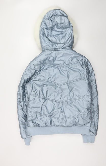 Topshop Womens Silver Puffer Jacket Hooded Faux Fur Trim Size 14