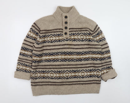 Mantaray Men's Beige Fair Isle Henley Jumper L Wool Blend Knit