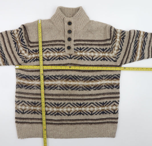 Mantaray Men's Beige Fair Isle Henley Jumper L Wool Blend Knit