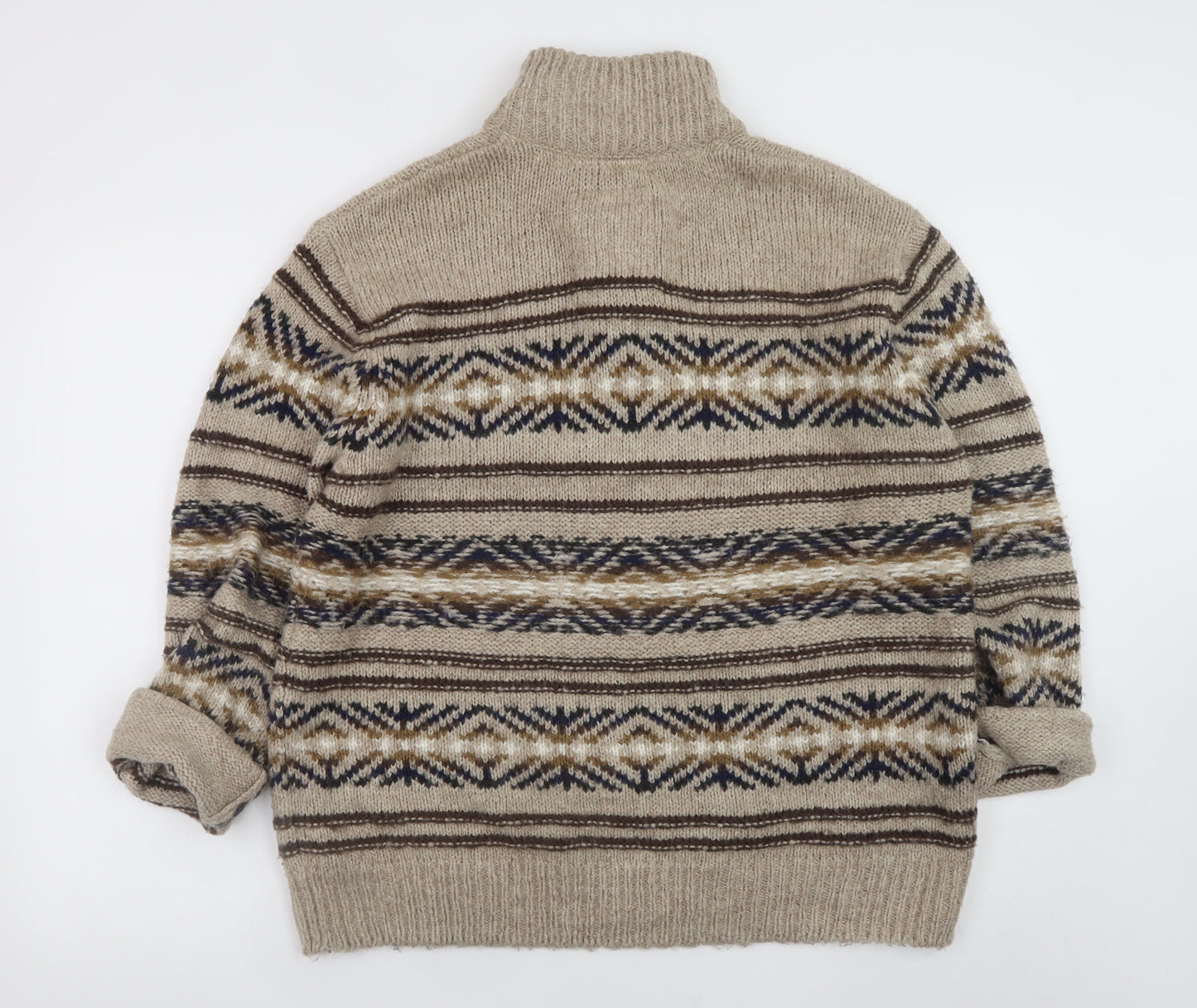 Mantaray Men's Beige Fair Isle Henley Jumper L Wool Blend Knit