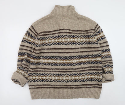 Mantaray Men's Beige Fair Isle Henley Jumper L Wool Blend Knit