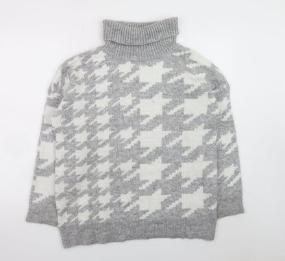 New Look Women Grey Roll Neck Houndstooth Knit Jumper Size M