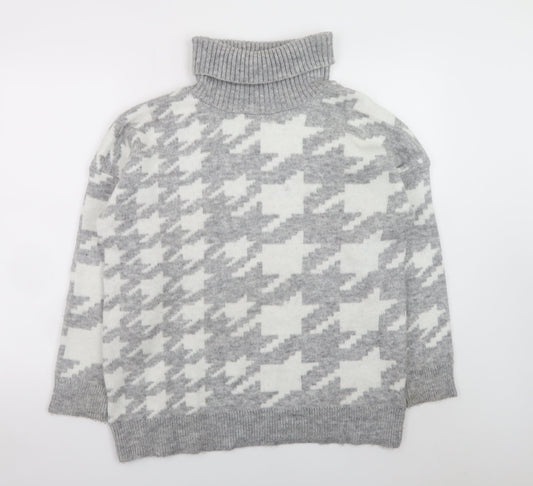 New Look Women Grey Roll Neck Houndstooth Knit Jumper Size M