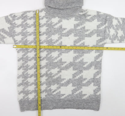 New Look Women Grey Roll Neck Houndstooth Knit Jumper Size M
