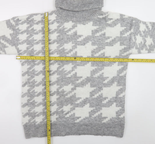 New Look Women Grey Roll Neck Houndstooth Knit Jumper Size M
