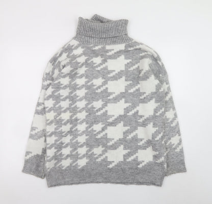 New Look Women Grey Roll Neck Houndstooth Knit Jumper Size M