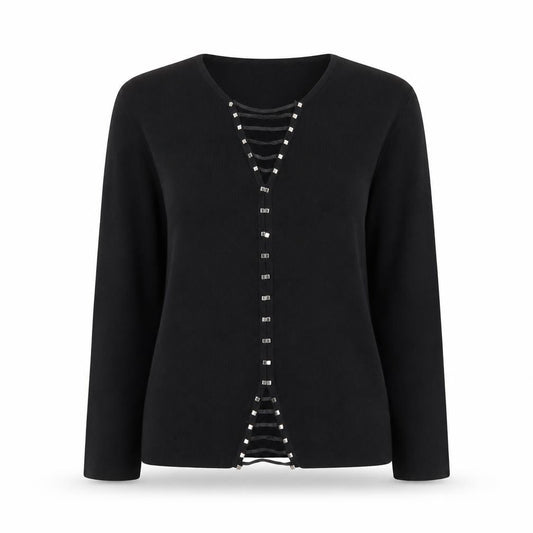 Front view of Roman Originals Women Black Studded V-Neck Long Sleeve Knit Blouse, size S
