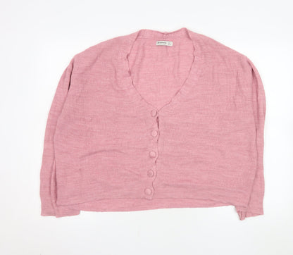 Stradivarius Women’s Pink Acrylic Knit V-Neck Cardigan Size 14