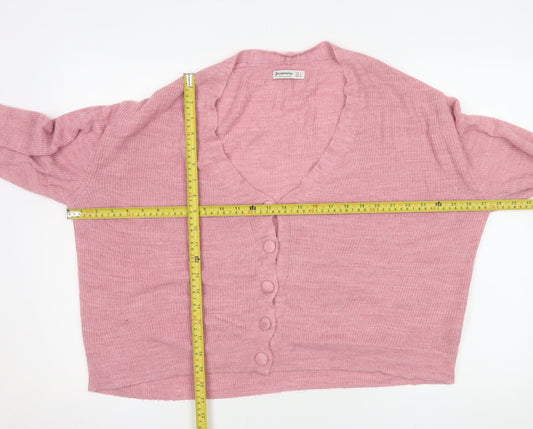 Stradivarius Women’s Pink Acrylic Knit V-Neck Cardigan Size 14