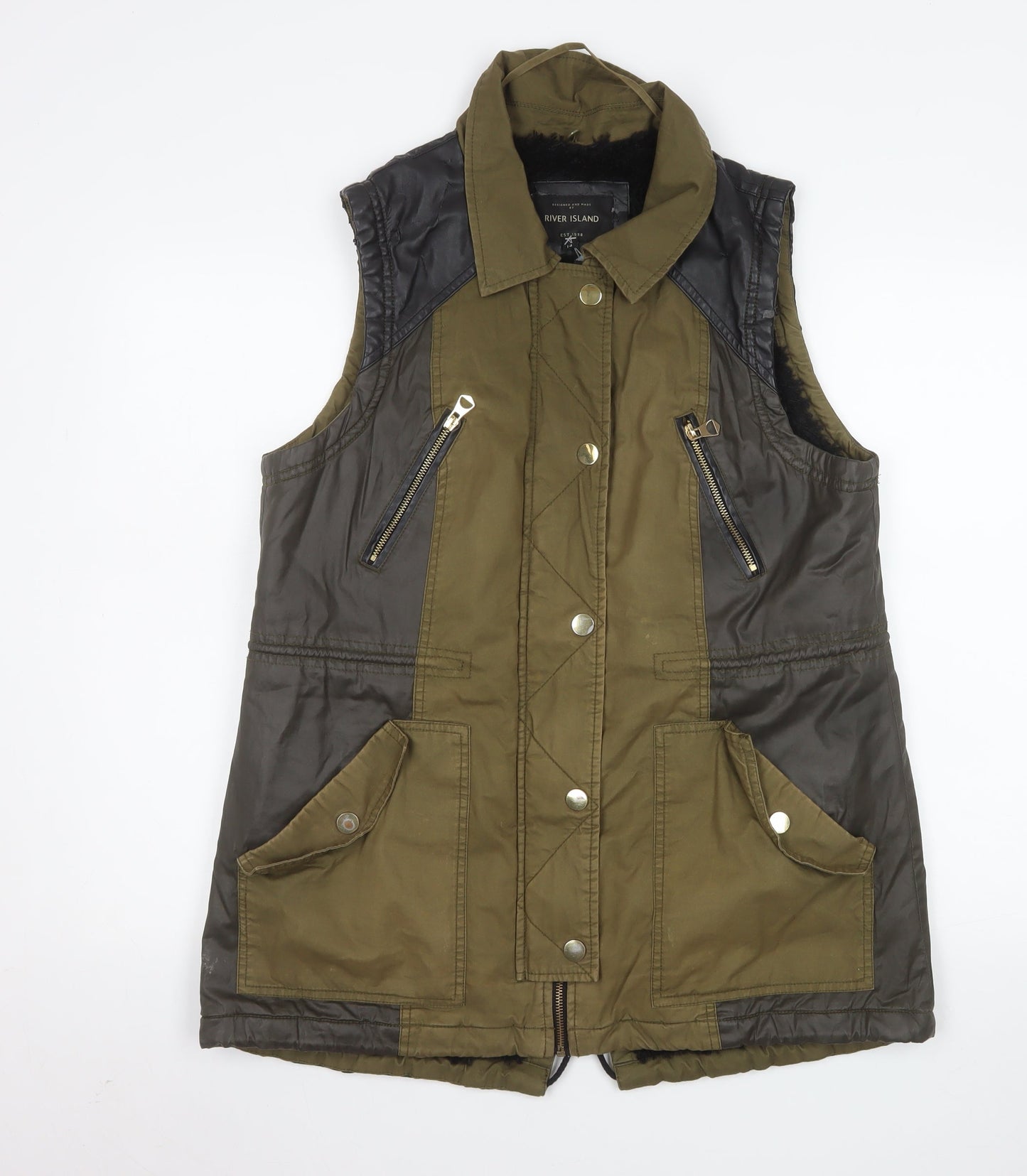 River Island Women Green Quilted Waistcoat UK 14 Faux Leather Trim