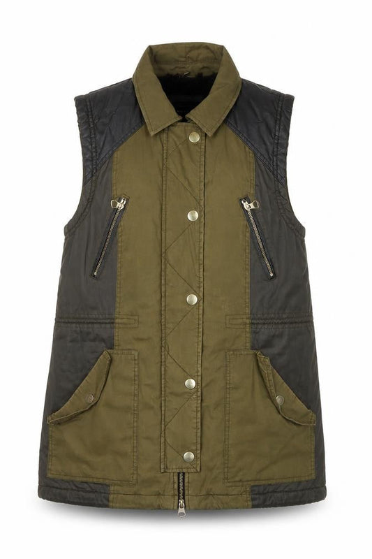 River Island Women Green Quilted Waistcoat UK 14 Faux Leather Trim