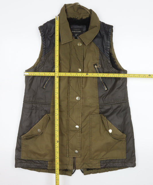 River Island Women Green Quilted Waistcoat UK 14 Faux Leather Trim