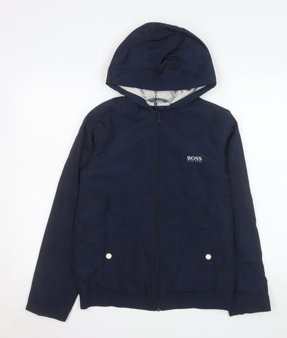 Hugo Boss Boys Blue Hooded Windbreaker Jacket 12 Years Polyester Full Zip