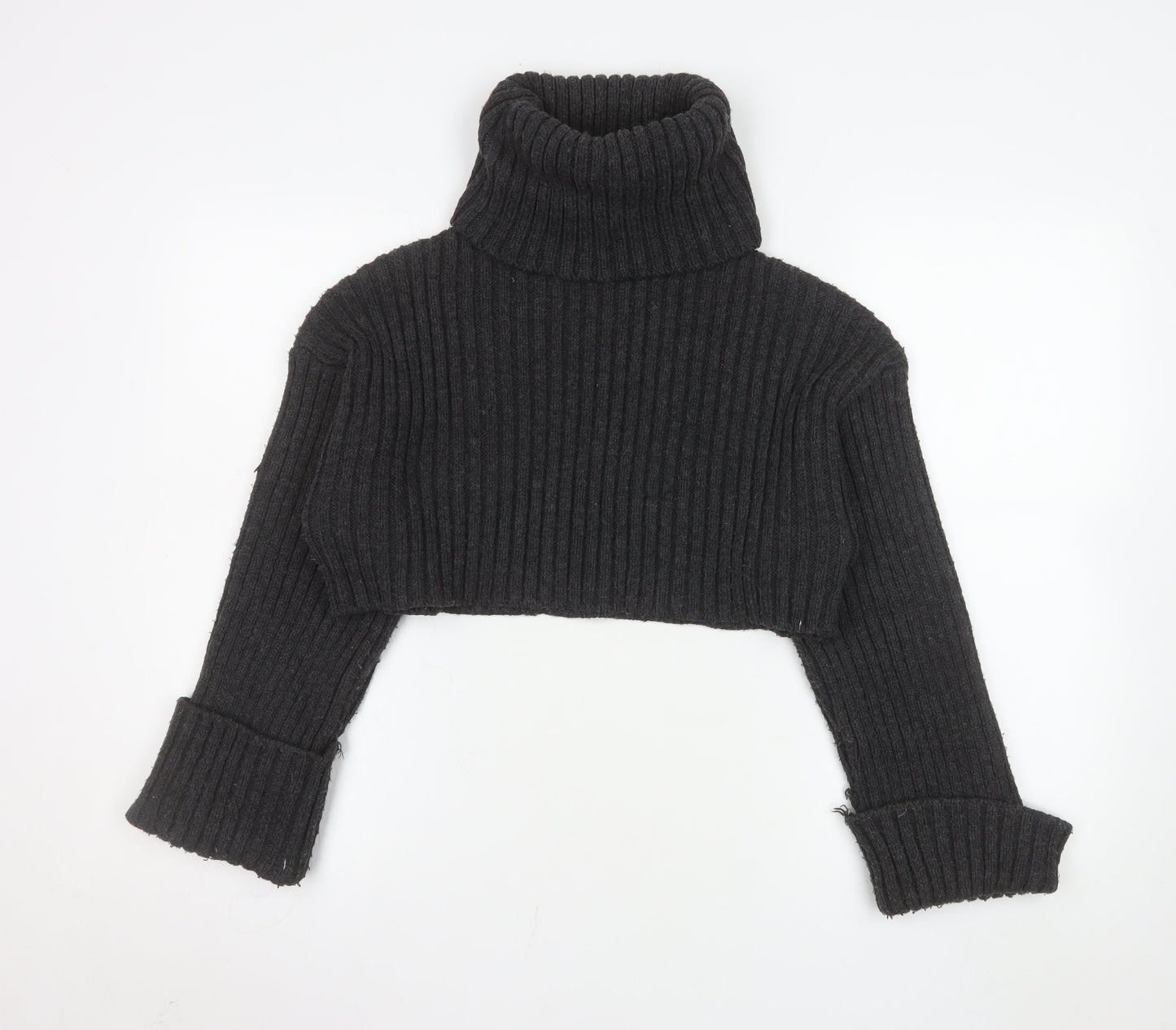 Zara Women Black Chunky Knit Roll Neck Cropped Wool Blend Jumper S