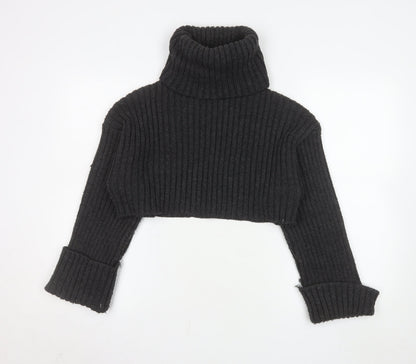Zara Women Black Chunky Knit Roll Neck Cropped Wool Blend Jumper S