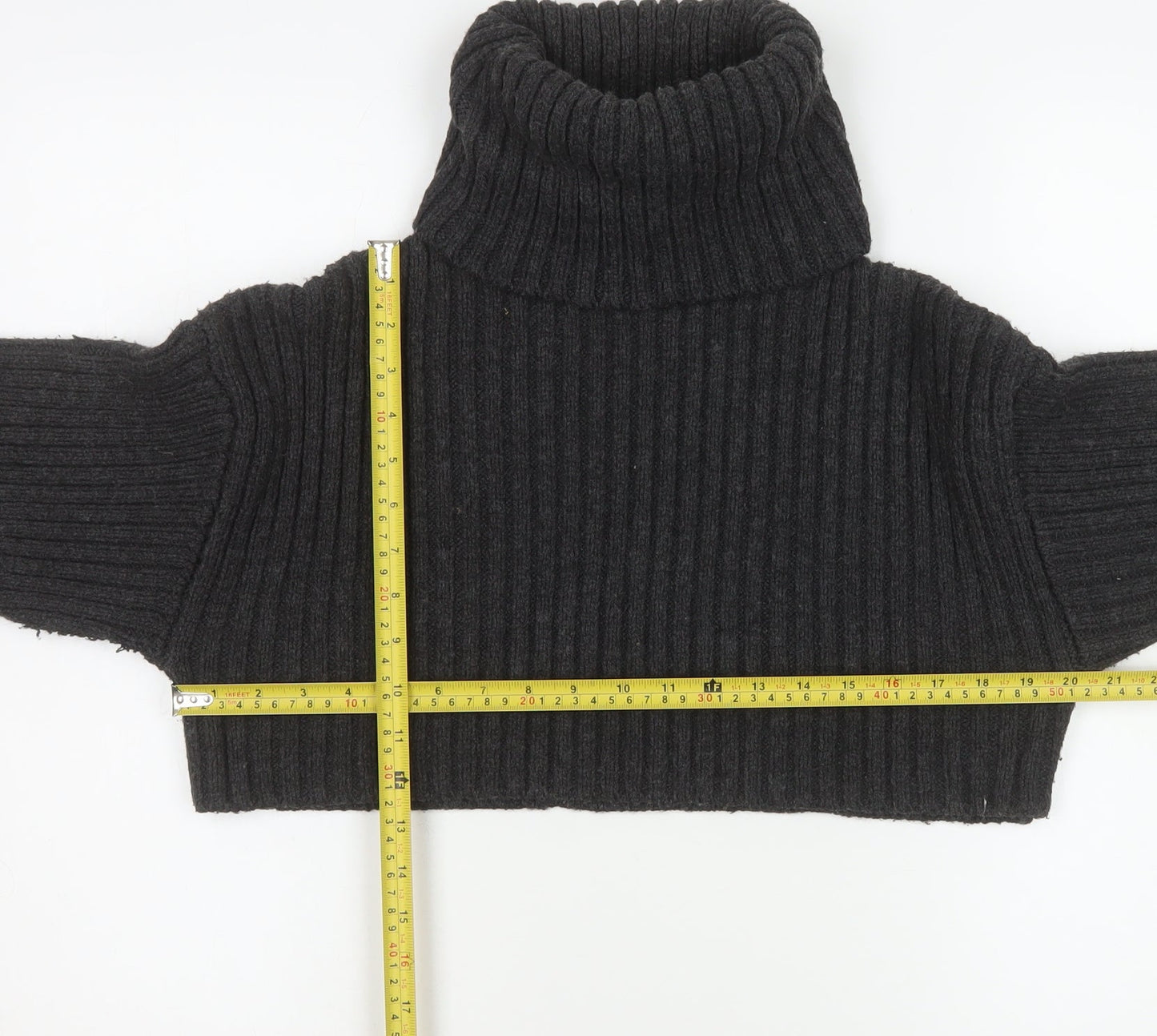 Zara Women Black Chunky Knit Roll Neck Cropped Wool Blend Jumper S