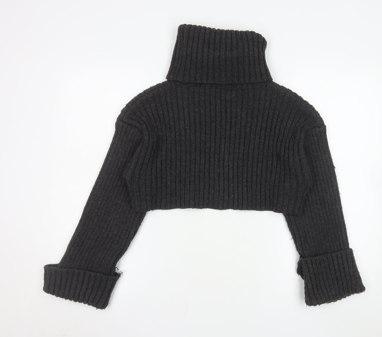 Zara Women Black Chunky Knit Roll Neck Cropped Wool Blend Jumper S