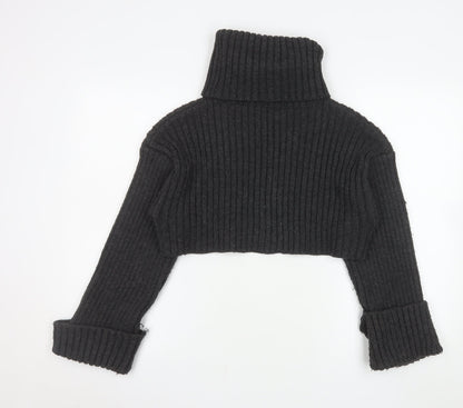 Zara Women Black Chunky Knit Roll Neck Cropped Wool Blend Jumper S