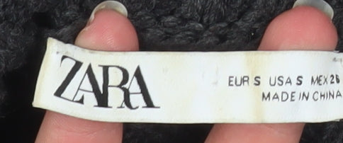 Zara Women Black Chunky Knit Roll Neck Cropped Wool Blend Jumper S