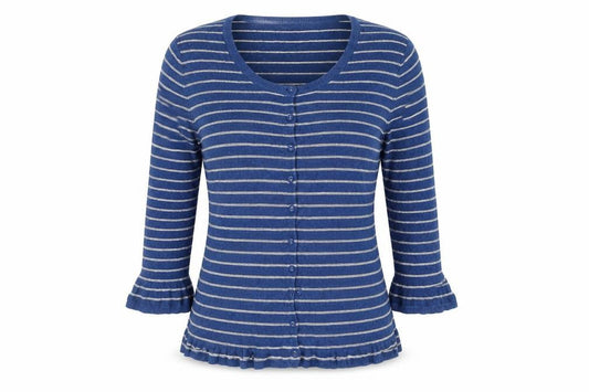 East Women Blue Striped Cotton Viscose Cardigan Size 14