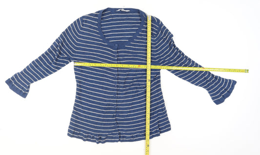East Women Blue Striped Cotton Viscose Cardigan Size 14