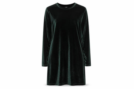 Front view of Only Women's Green Velour Shift Dress, size S, Long Sleeve Party
