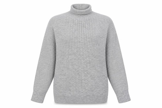 Front view of ASOS DESIGN Women’s Grey Roll Neck Ribbed Knit Jumper, size S, UK 8-10