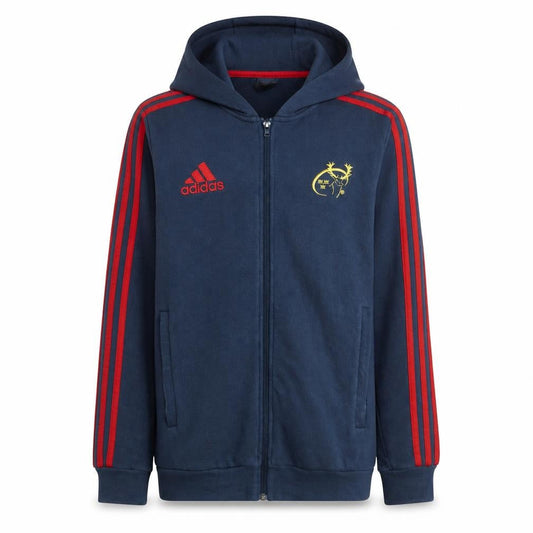 Front view of Adidas boys’ blue full zip hoodie s rugby logo fleece sweatshirt