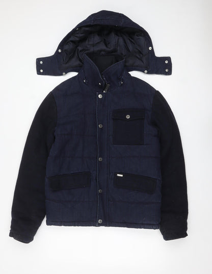 Zara Man Blue Puffer Jacket Men's M Hooded Winter Denim Cotton Blend