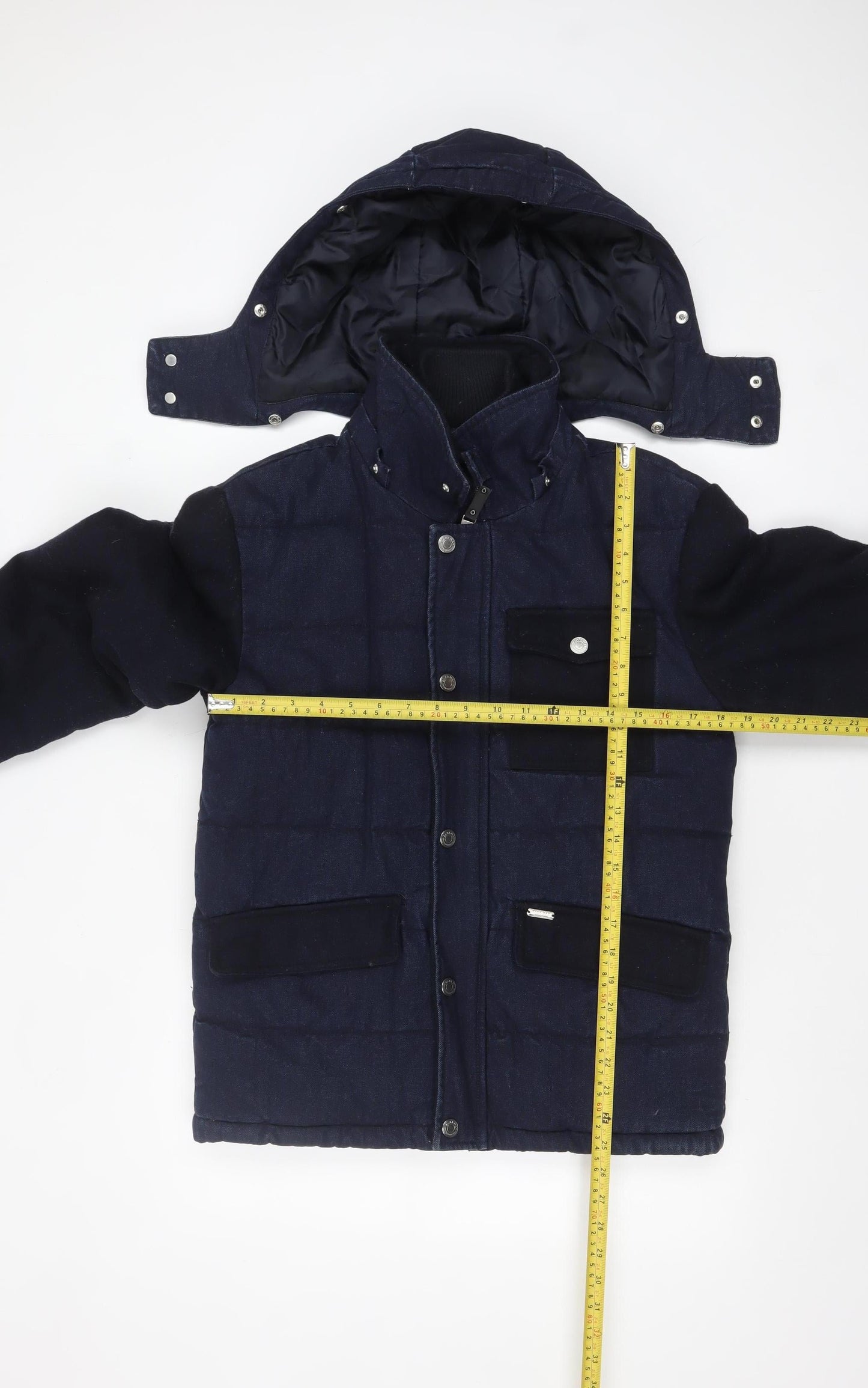 Zara Man Blue Puffer Jacket Men's M Hooded Winter Denim Cotton Blend