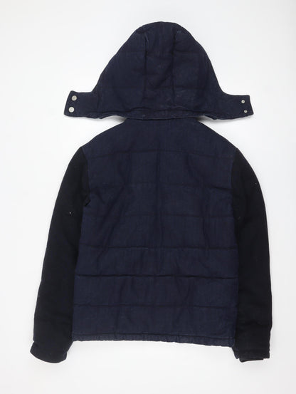 Zara Man Blue Puffer Jacket Men's M Hooded Winter Denim Cotton Blend