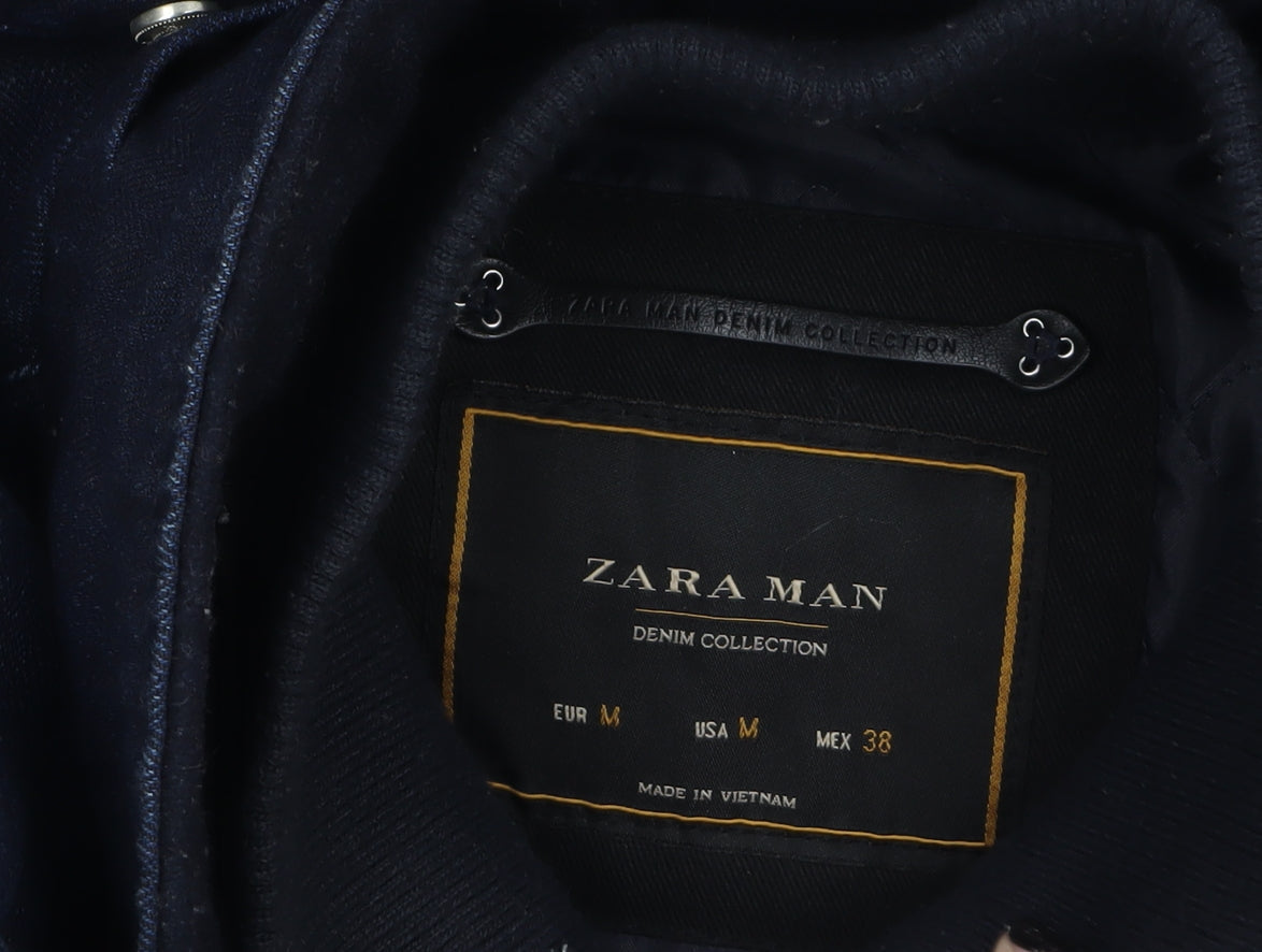 Zara Man Blue Puffer Jacket Men's M Hooded Winter Denim Cotton Blend