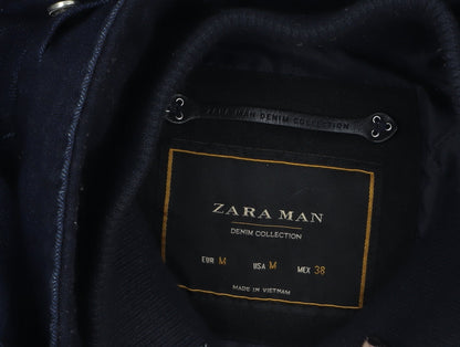 Zara Man Blue Puffer Jacket Men's M Hooded Winter Denim Cotton Blend