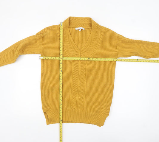 Next Women Yellow V-Neck Long Sleeve Ribbed Pullover Jumper Size S