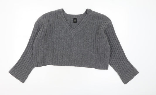 Urban Outfitters Women’s Grey V-Neck Ribbed Knit Jumper M