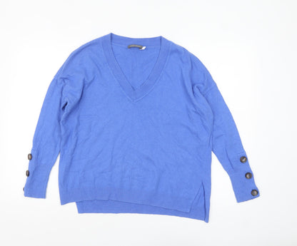 Mint Velvet Women's Blue V-Neck Button Sleeve Pullover Jumper Size S