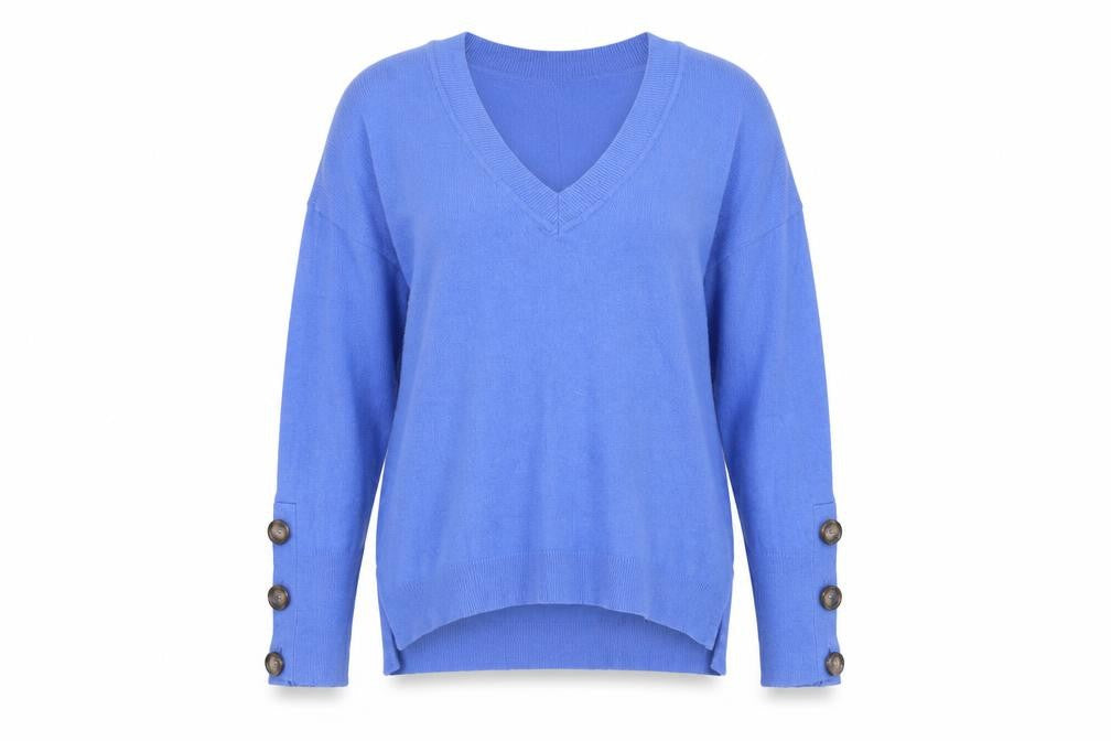 Mint Velvet Women's Blue V-Neck Button Sleeve Pullover Jumper Size S