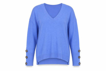 Mint Velvet Women's Blue V-Neck Button Sleeve Pullover Jumper Size S