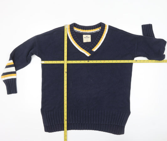 Hollister Women's Blue V-Neck Striped Knit Jumper Size S