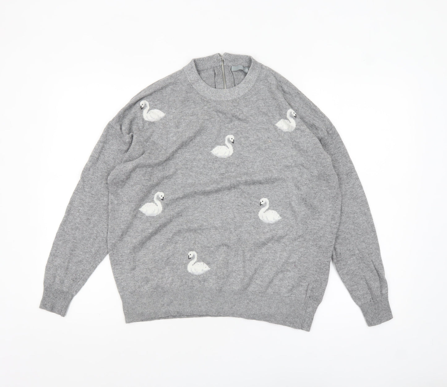 Next Women Grey Swan Embroidered Jumper Size 16 Crew Neck Knit