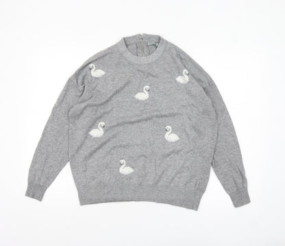Next Women Grey Swan Embroidered Jumper Size 16 Crew Neck Knit