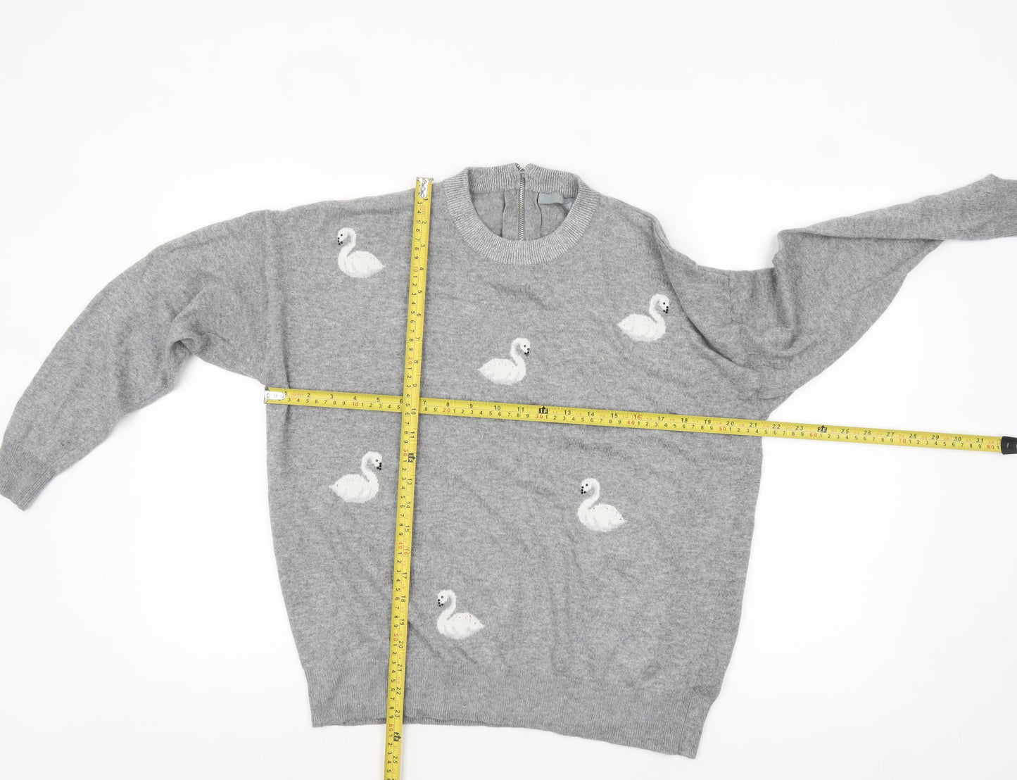 Next Women Grey Swan Embroidered Jumper Size 16 Crew Neck Knit