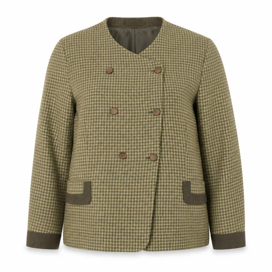Jacques Vert Womens Green Houndstooth Blazer UK 18 Wool Blend Lined Double Breasted