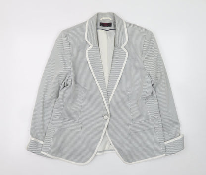 New Look Women Grey Striped Blazer UK 18 Classic Mid-Length Jacket