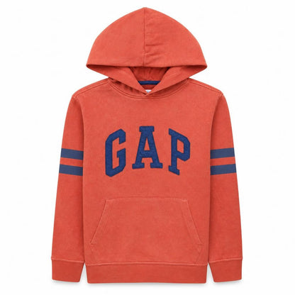 Front view of Gap boys’ orange pullover hoodie xl 12-13 years cotton fleece logo sweatshirt