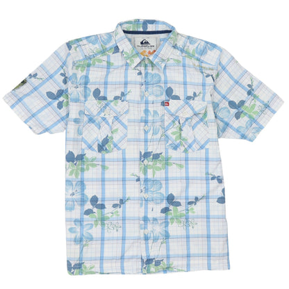 Quiksilver Boys Blue Floral Check Short Sleeve Button-Up Shirt Size 16