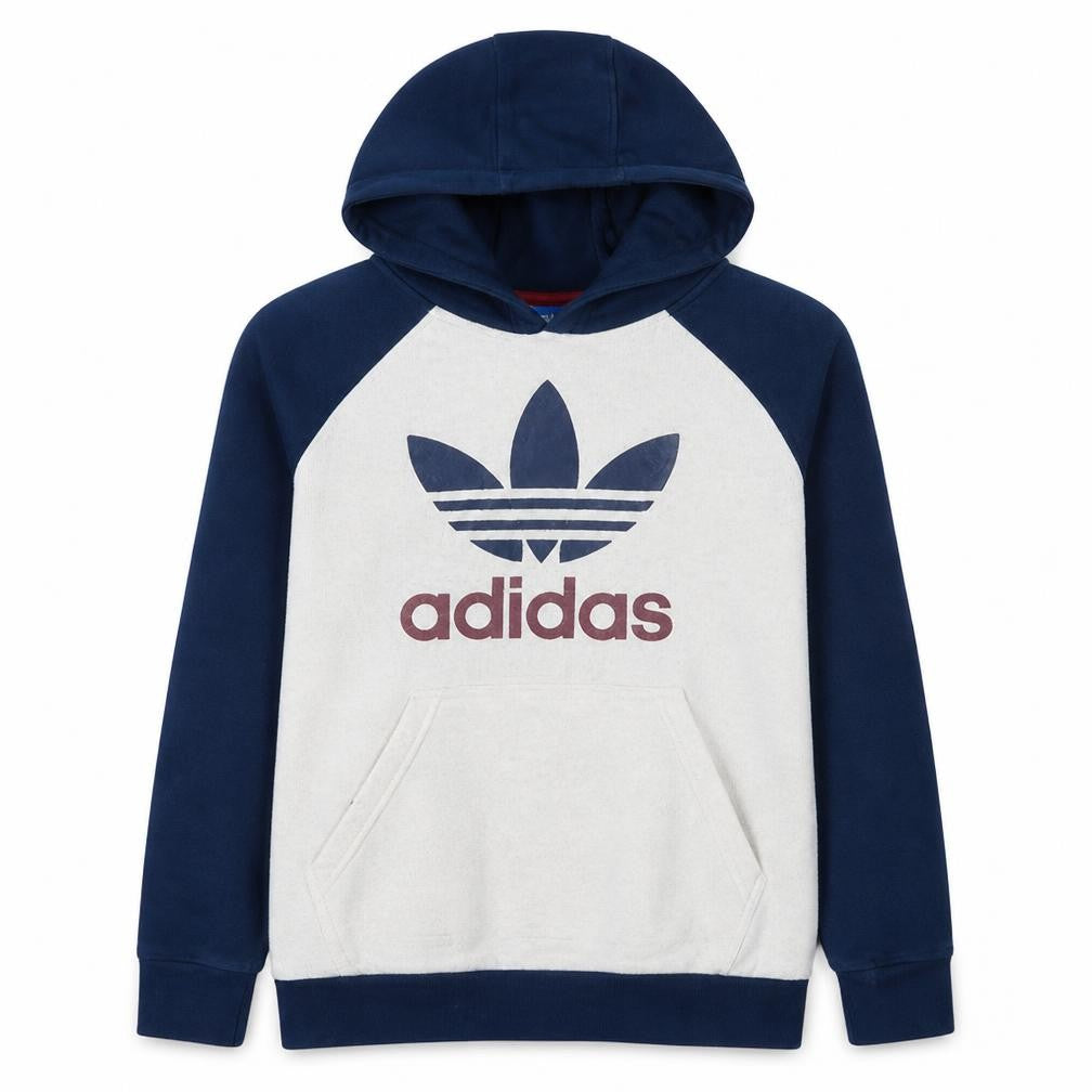Front view of Adidas boys’ beige & navy pullover hoodie, size 13-14, years cotton blend